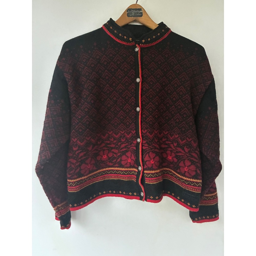 VTG Dale of Norway Casual Collection Nordic Cardigan Black Red Pewter Button